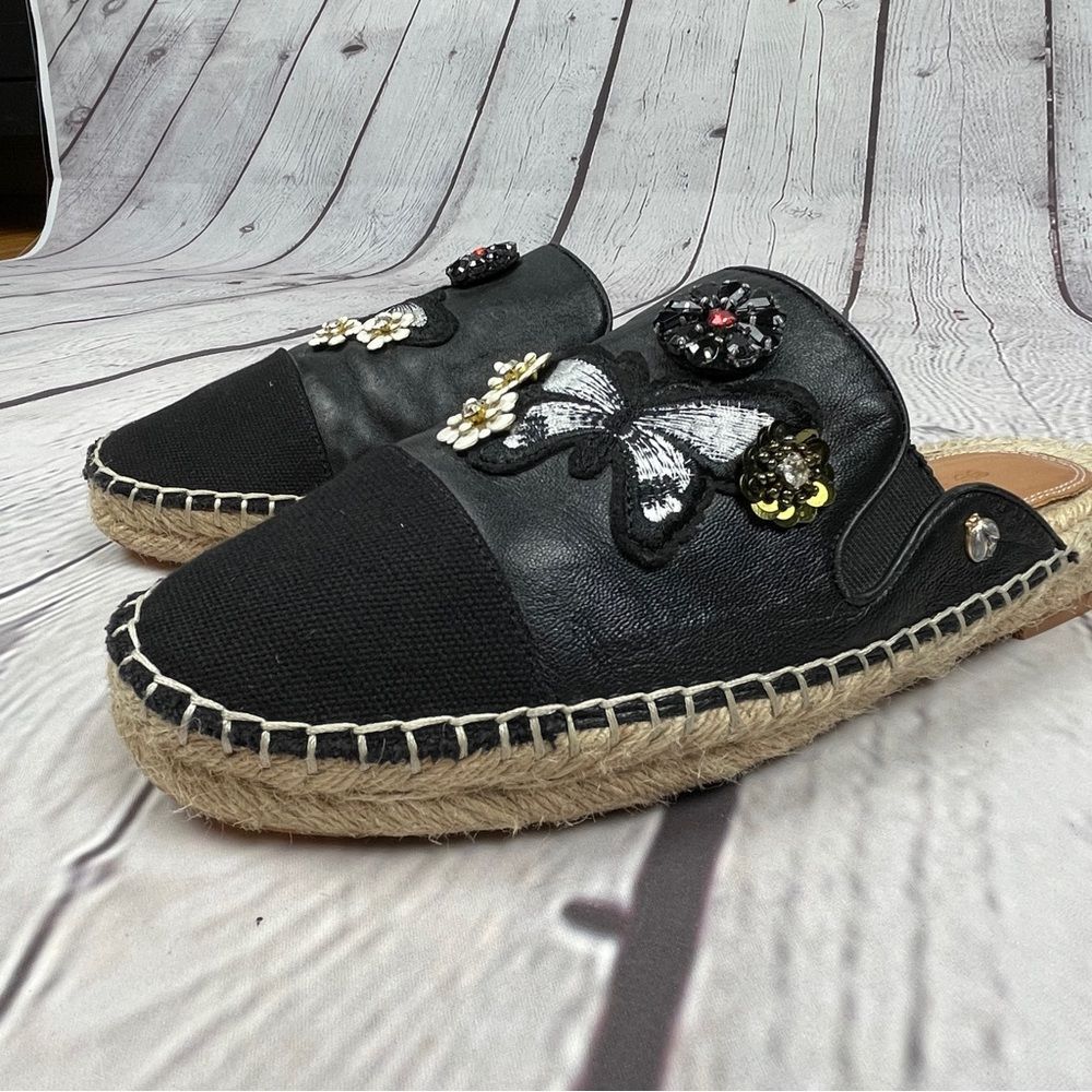 BILL BLASS Wallis black floral & butterfly embellished espadrille mules, size 9 - Picture 11 of 13